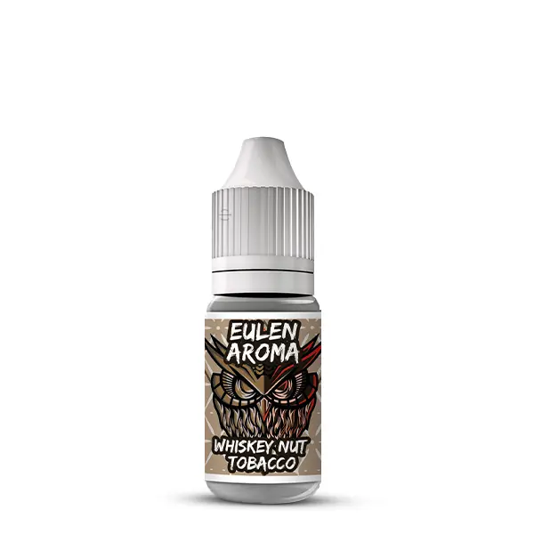 eulen-aroma-whiskey-nut-tobacco-aroma-2.jpg OWL Whiskey Nut Tobacco 10ml Aroma – kleine Flasche mit braunem Etikett und Eulen-Logo