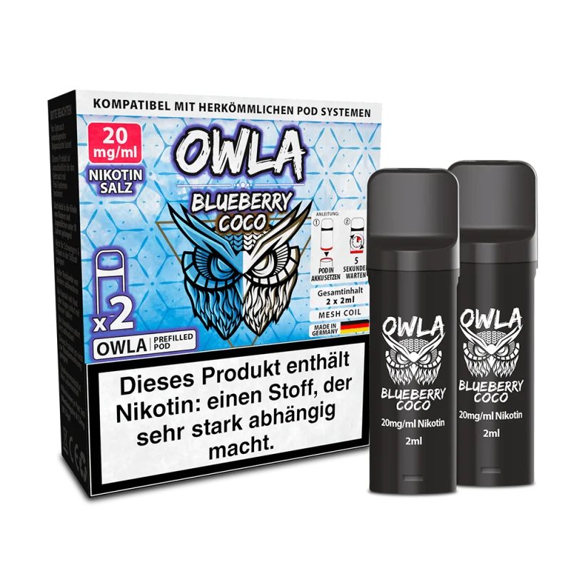 OWLA204_800x800.png?ts=1770994857 OWL Owla Blueberry Coco Prefilled Pod 2er-Pack in blauer Verpackung mit zwei schwarzen Pods, 20 mg