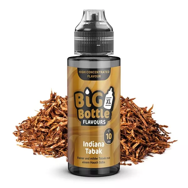 source160113.jpg Big Bottle Flavours Indiana Tabak Longfill 10ml in 120ml Flasche, braune Tabakblätter im Hintergrund