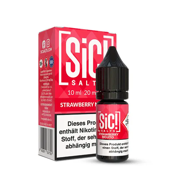 SiC! Salts Strawberry Mojito 10ml Nikotinsalz-Liquid – rote Verpackung mit Flasche, Frontansicht