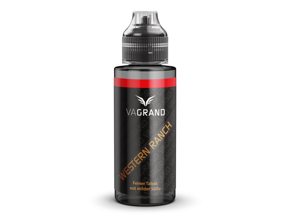 Vagrand Western Ranch Longfill, schwarze 10-ml-Flasche mit orangefarbenem Schriftzug, Frontansicht