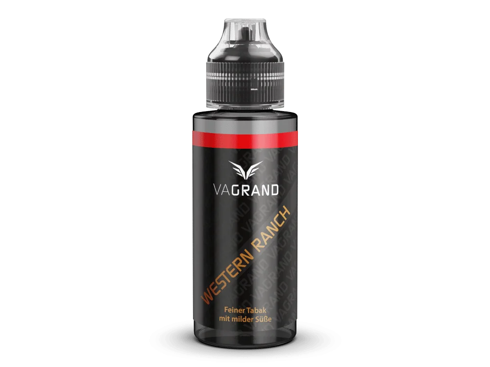 Vagrand_Longfill_10ml_Western-Ranch_1000x750.png Vagrand Western Ranch Longfill, schwarze 10-ml-Flasche mit orangefarbenem Schriftzug, Frontansicht