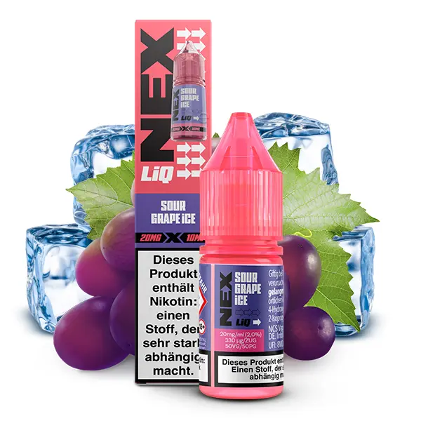 pod-salt-nexLiq-sour-grape-ice-nikotinsalz-1.jpg PodSalt NexLiq Sour Grape Ice 10ml Nikotinsalz-Liquid, Flasche mit Trauben und Eiswürfeln, Seitenansicht