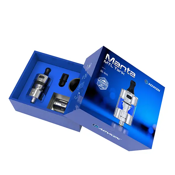 advken-manta-mtl-2XzRdVIAattrk5.jpg Advken Manta MTL Tank Verdampfer Verpackung in Blau mit Verdampfer und Zubehör im geöffneten Karton