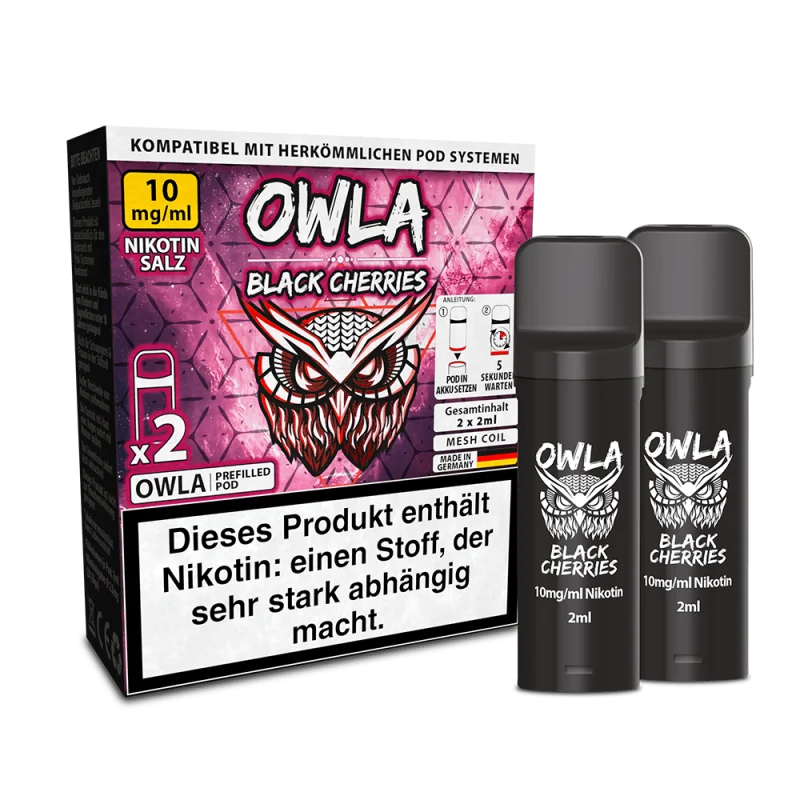 Owla Black Cherries Prefilled Pod 2er-Pack, pink-schwarze Verpackung mit 20 mg Nikotinsalz, zwei schwarze Pods seitlich