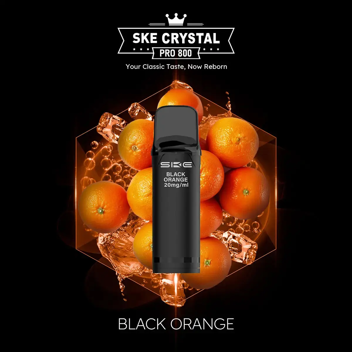 SKE Crystal 800 Pro Prefilled Pod Black Orange – schwarzer Pod vor frischen Orangen