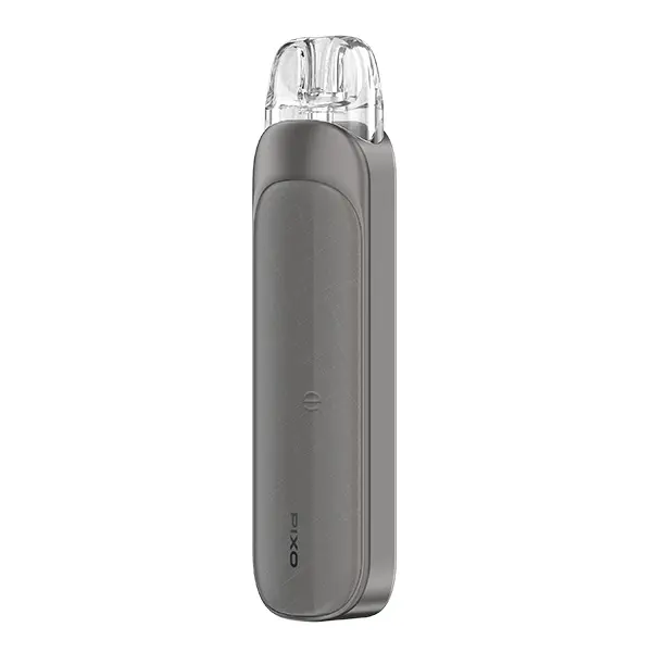 Aspire Pixo Pod Kit in Grau – schlankes Pod-System mit aufgestecktem transparentem Tank, Frontansicht