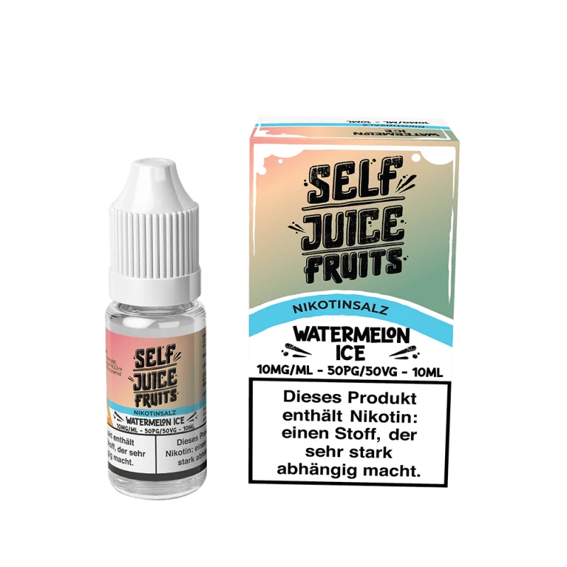 Self Juice Watermelon Ice Nikotinsalz-Liquid 10ml – blaue Flasche mit Karton, Seitenansicht