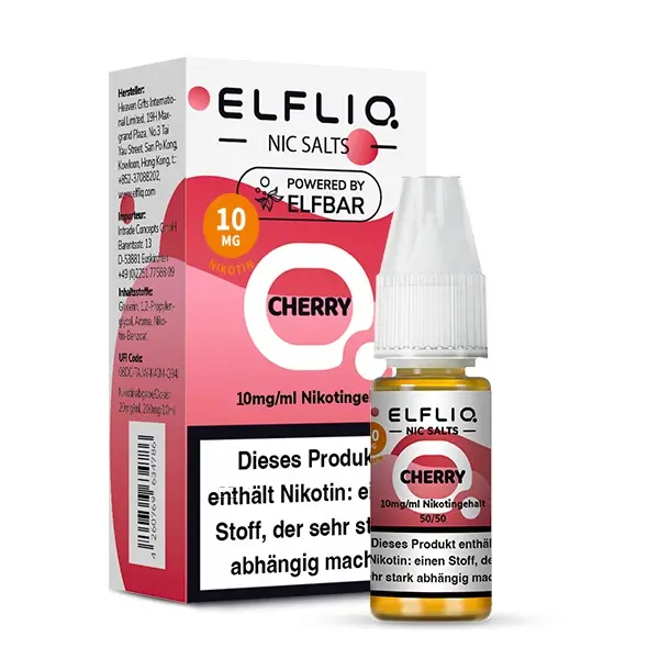 source791338.jpg Elfliq Cherry 10ml Nikotinsalz-Liquid von Elfbar, Flasche mit roter Verpackungsbox, Nikotinsalz-Hinweis sichtbar