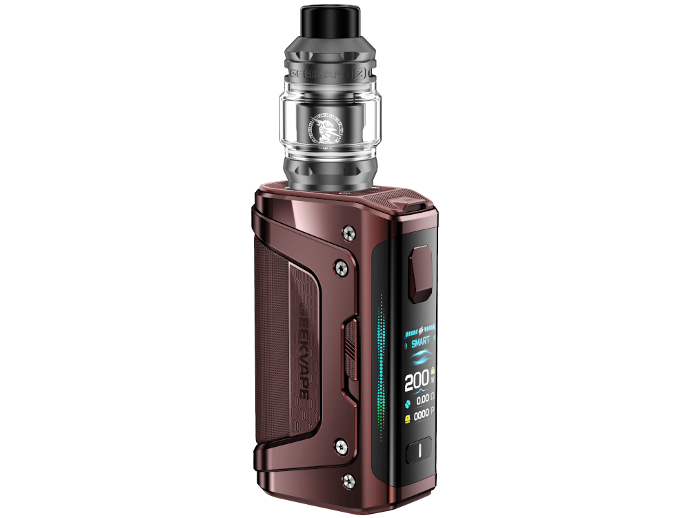 GeekVape Aegis Legend 5 Kit in Dunkelbraun-Rot mit Verdampfer, robustes Design, Seitenansicht
