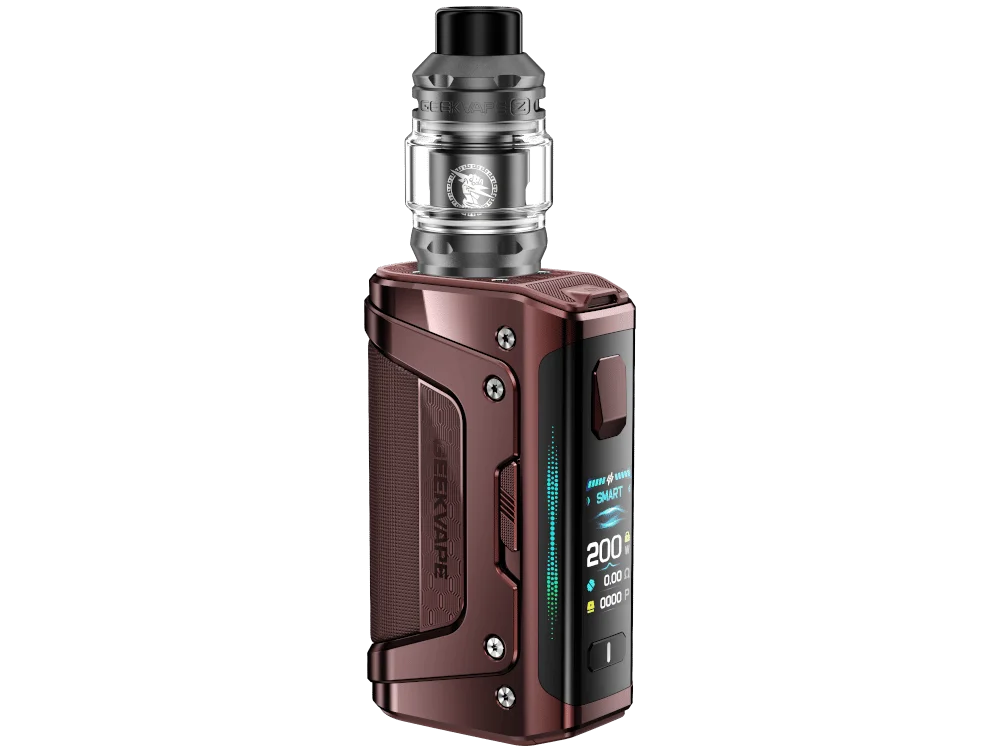 GeekVape Aegis Legend 5 Kit in Dunkelbraun-Rot mit Verdampfer, robustes Design, Seitenansicht