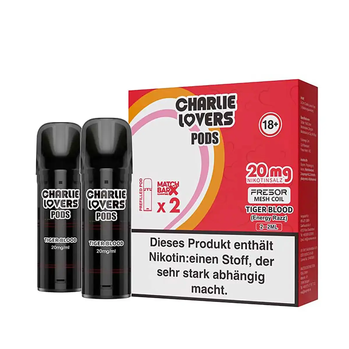 Charlie Lovers Prefilled Pod Tiger Blood 20mg – zwei schwarze Pods neben roter Verpackung