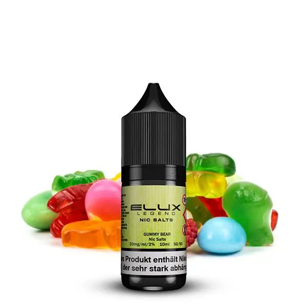 source472658.jpg Elux Gummy Bear Nikotinsalz-Liquid 10ml – Flasche umgeben von bunten Gummibärchen