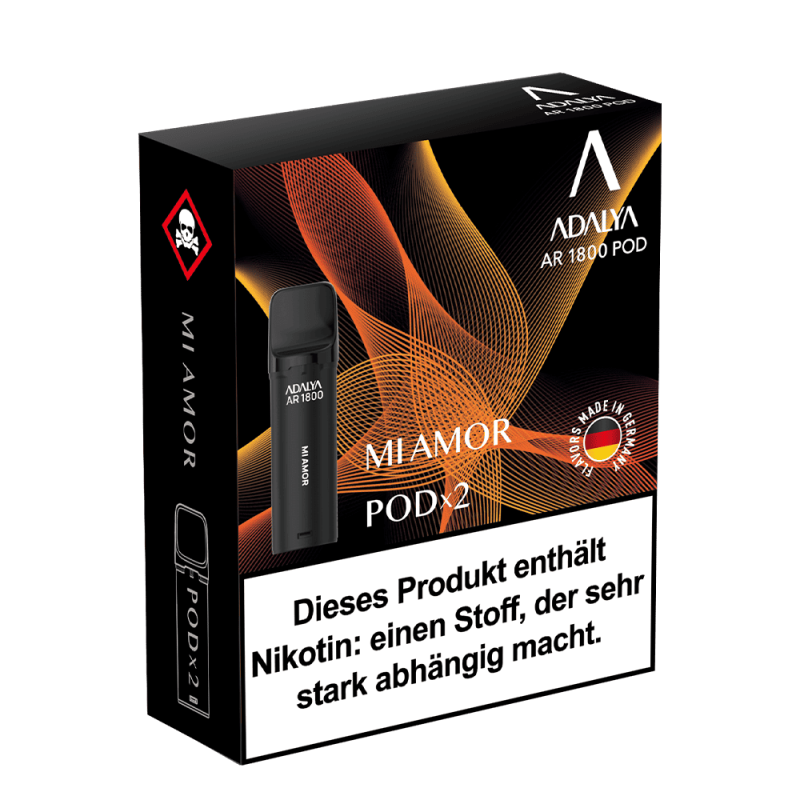 Adalya AR1800 Prefilled Pod Mi Amor – dunkle Verpackung mit 2 Pods, orange-rote Akzente