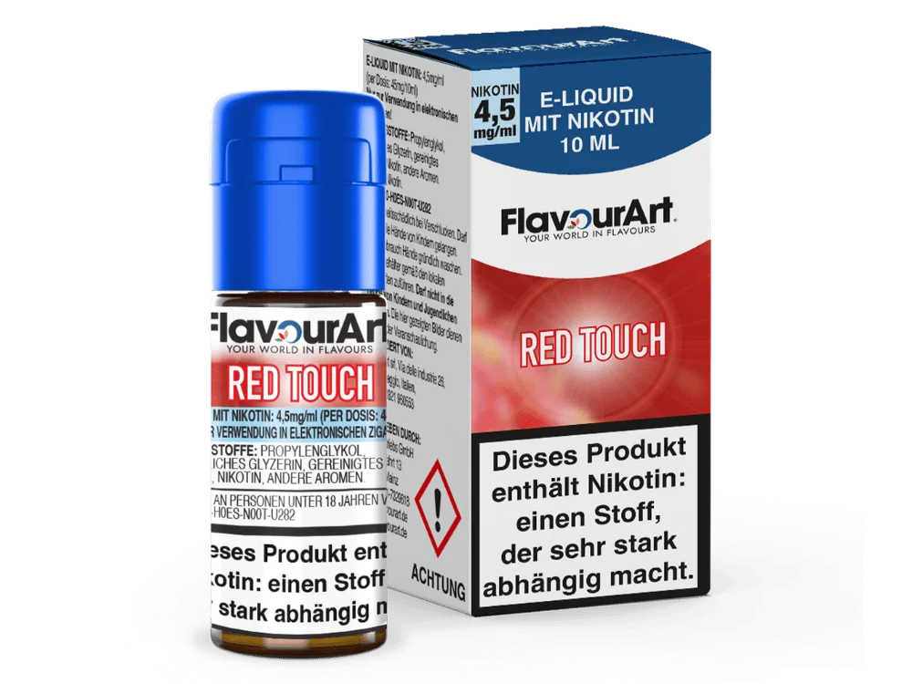 Flavourart Red Touch 10ml Liquid – Flasche und Verpackung mit rotem Design, Nikotinangabe auf Etikett