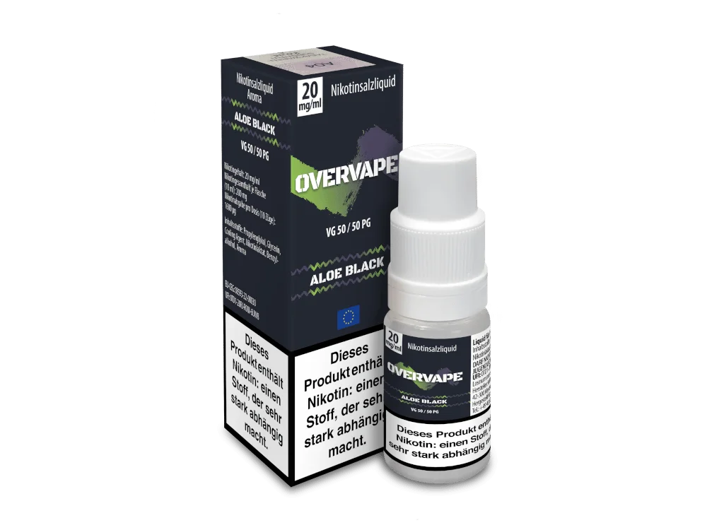 Overvape Aloe Black Nikotinsalz-Liquid 10ml – Flasche und blau-schwarze Box nebeneinander, Frontansicht