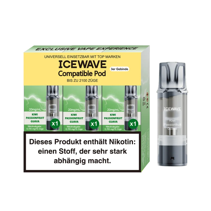 Icewave Prefilled Pod Kiwi Passionsfruit Guava – 3er-Packung mit grün-gelben Pods und einzelnem Pod auf gelbem Hintergrund