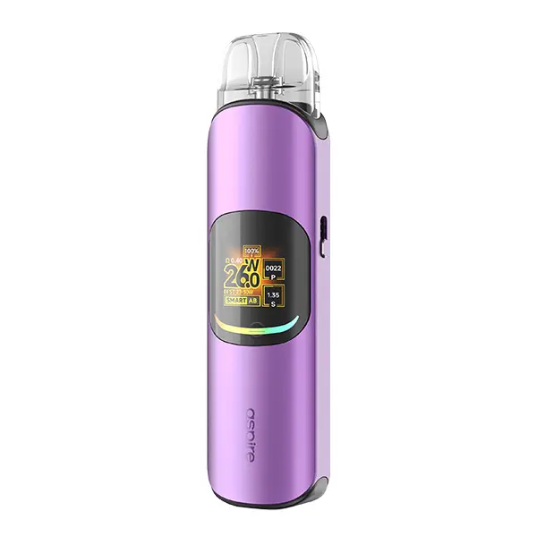 Aspire Pixo Neo Pod Kit in Lila mit rundem Display und transparentem Mundstück, Einzelansicht