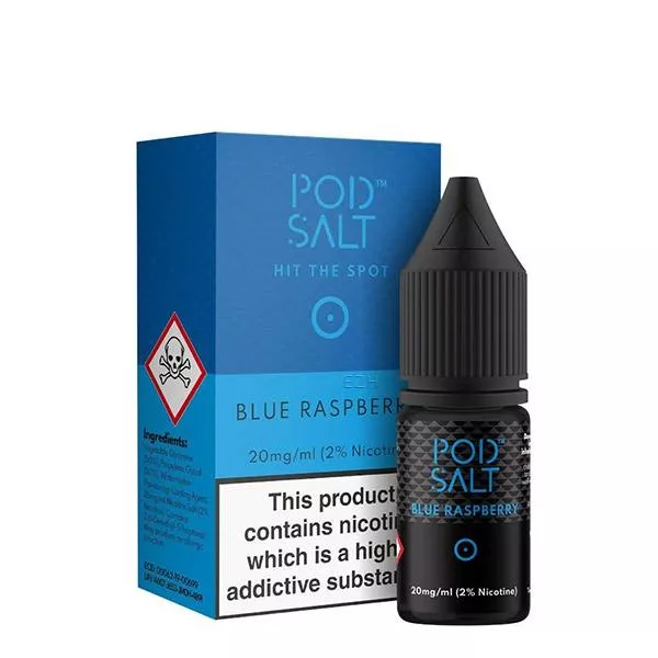 source108884.jpg PodSalt Blue Raspberry Nikotinsalz-Liquid 10ml Flasche mit blauer Verpackungsbox, Vorder- und Seitenansicht