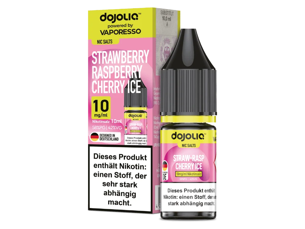 Dojoliq Strawberry Raspberry Cherry Ice 10ml Nikotinsalz-Liquid von Vaporesso – pinkes Fläschchen mit Produktkarte