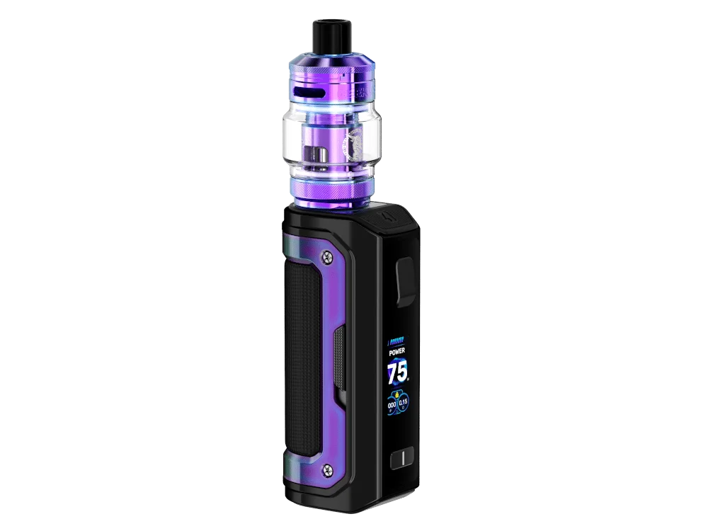 GeekVape Aegis Mini 5 E-Zigaretten-Set in Schwarz-Lila mit aufgesetztem Verdampfer, Frontansicht