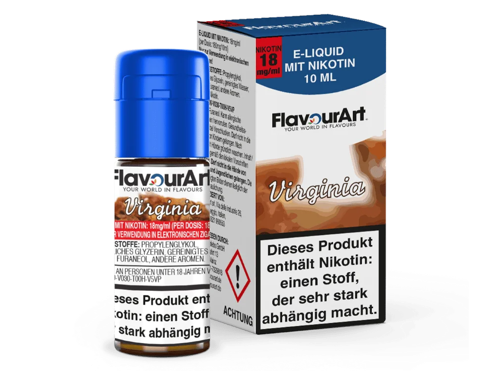 Flavourart Virginia 10ml E-Liquid Flasche mit blauer Verpackungsbox, Tabakgeschmack