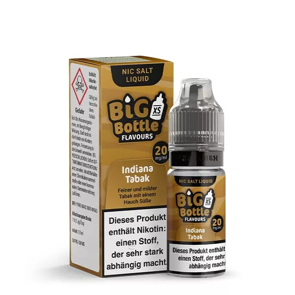Big Bottle Indiana Tabak Nikotinsalz-Liquid 10ml, braun-goldene Flasche mit schwarzem Etikett, 20mg Nikotinsalz