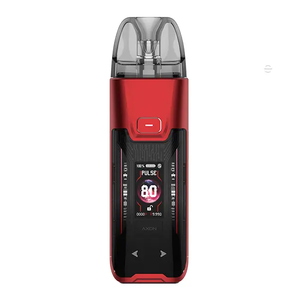 Vaporesso Luxe XR Max 2 Pod Kit in Rot, Frontansicht mit farbigem Display und transparentem Pod