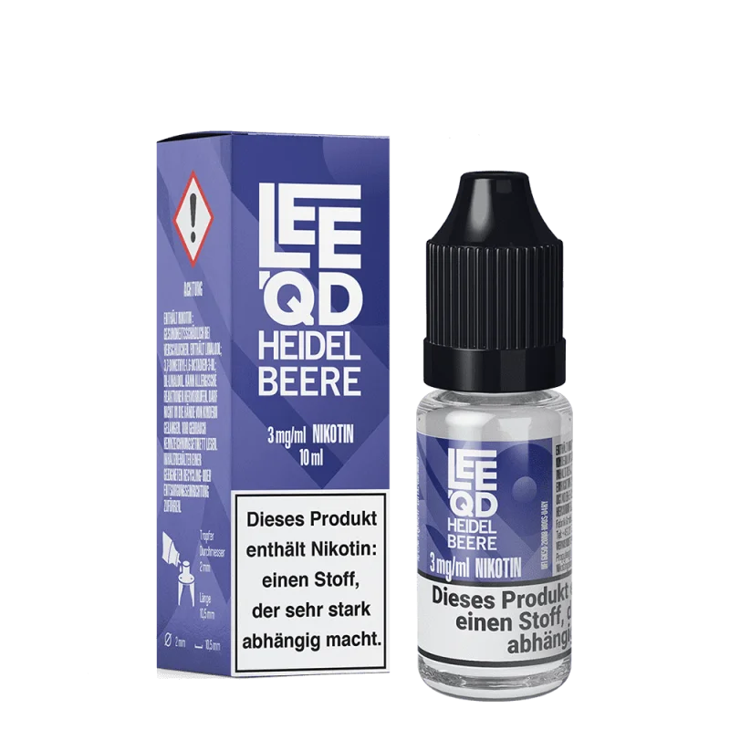 LEEQD Fruit Heidelbeere 10ml Liquid – blaue Verpackung mit Nikotinhinweis und kleiner Glasflasche