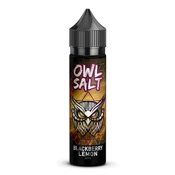 owl-salt-blackberrylemon-aroma-1.jpg OWL Salt Longfill 60ml Flasche mit Blackberry Lemon Aufschrift und Eulen-Motiv auf dunklem Etikett