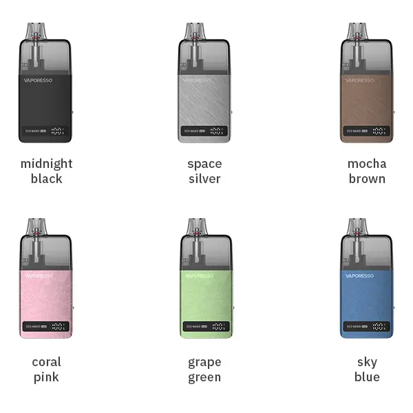 Vaporesso Eco Nano Plus Pod Kit in 6 Farben: Midnight Black, Space Silver, Mocha Brown, Coral Pink, Grape Green, Sky Blue