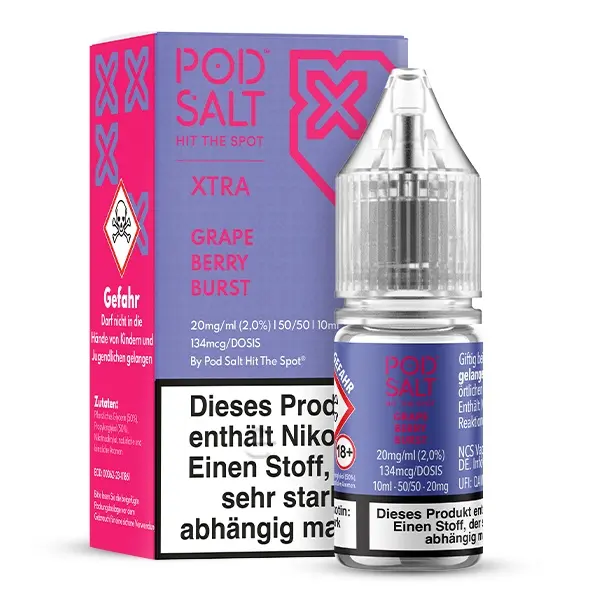 source752939.jpg PodSalt Xtra Grape Berry Burst 10ml Nikotinsalz-Liquid, lila Faltschachtel mit Flasche, Seitenansicht