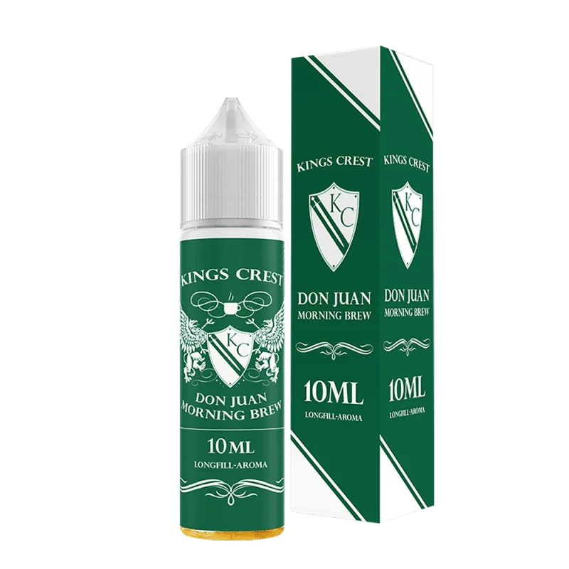 Kings Crest Don Juan Morning Brew Longfill 10ml in schwarzer Flasche mit dunkelgrüner Verpackungsbox