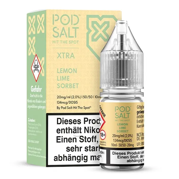 PodSalt Xtra Lemon Lime Sorbet 10ml Nikotinsalz-Liquid mit gelbgrüner Verpackungsbox und Flasche