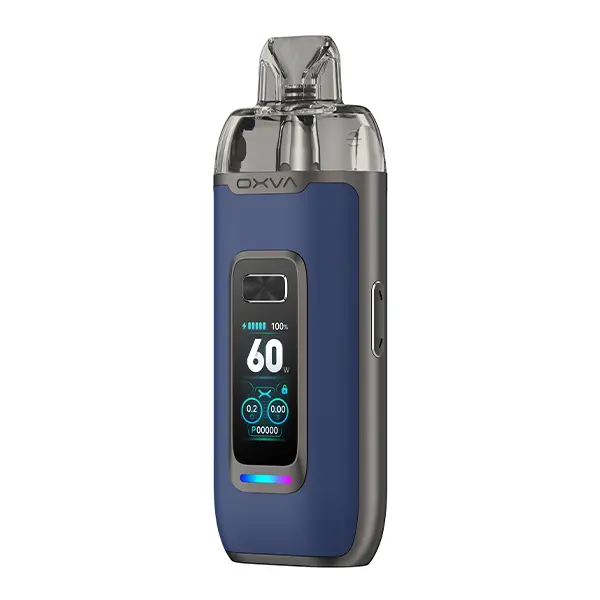 oxva-vprime-pod-kit-3.jpg Oxva VPrime Pod Kit in Dunkelblau mit farbigem Display und transparentem Pod, Frontansicht