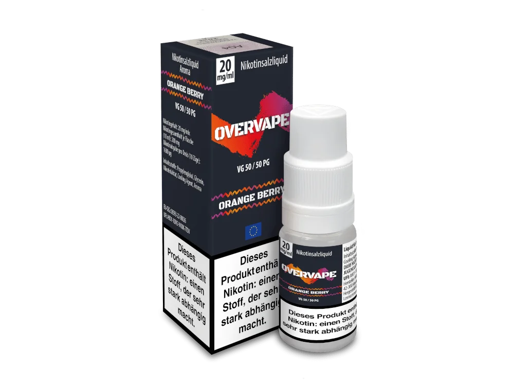 Overvape Orange Berry 10ml Nikotinsalz-Liquid – Faltschachtel mit rotem Etikett und befüllter Tropfflasche