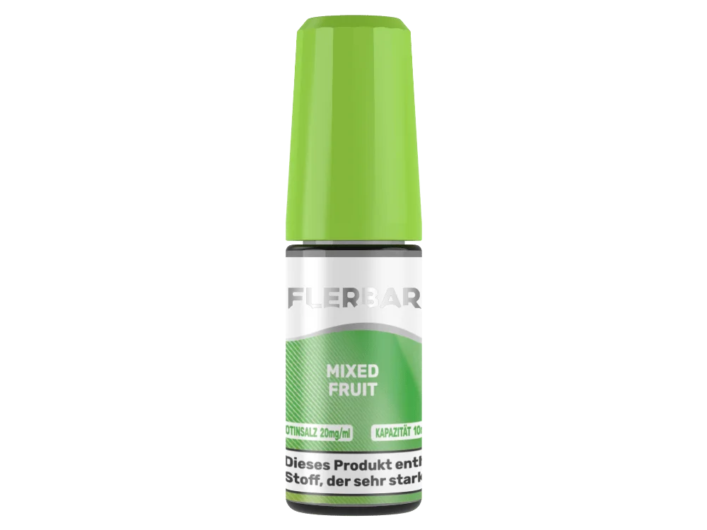 flerbar-liquid-nicsalt-mixed-fruit-20mg_1000x750.png Flerbar Mixed Fruit 10ml Nikotinsalz-Liquid, grüne Flasche mit grünem Verschluss, Seitenansicht
