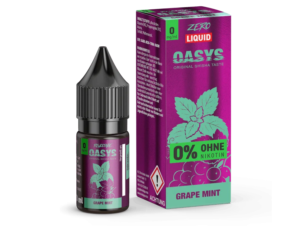 Revoltage Oasys Grape Mint 10ml Nikotinsalz-Liquid – lila-grüne Flasche mit Verpackung, Grape Mint Aufdruck