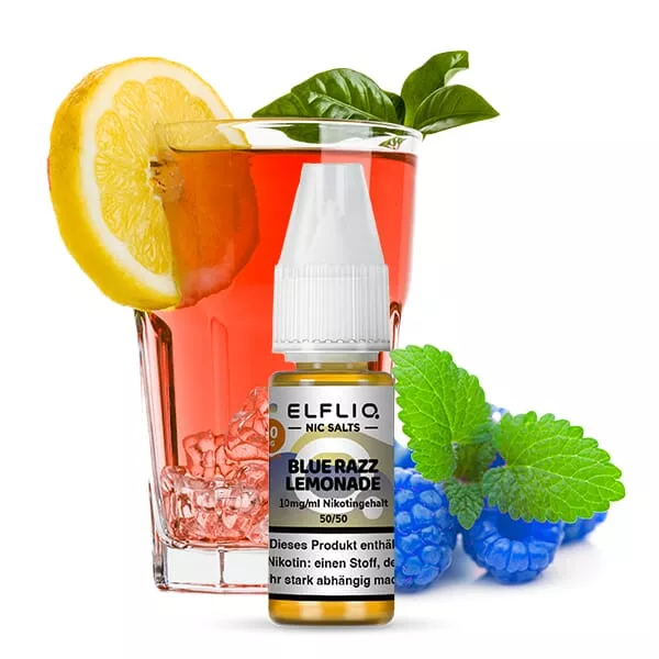 Elfliq Blue Razz Lemonade 10ml Nikotinsalz-Liquid von Elfbar mit Produktbild und Früchten im Hintergrund