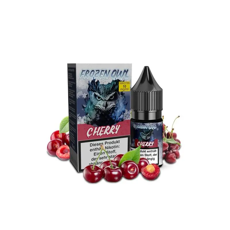 source173292.jpg OWL Frozen Cherry 10ml Nikotinsalz-Liquid – Flasche mit dunkler Box und Kirsch-Motiv