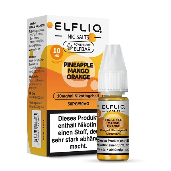 source469003.jpg Elfliq Pineapple Mango Orange Nikotinsalz-Liquid 10ml Flasche, 50mg, Vorderansicht auf weißem Hintergrund