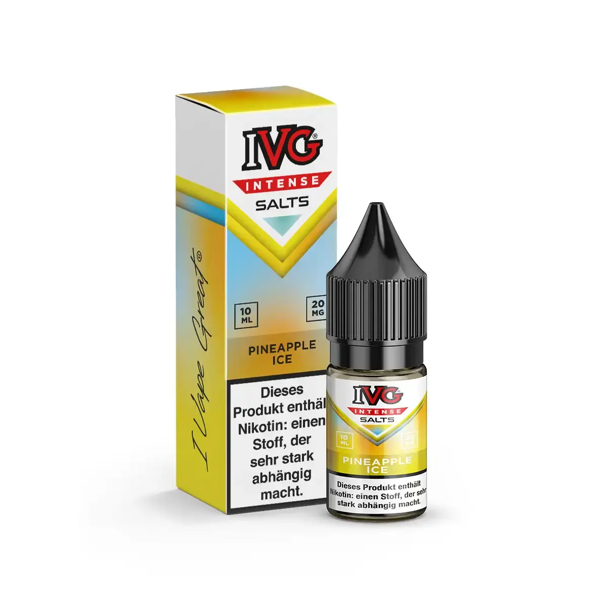 neu-ivg-intense-salts-pineapple-ice-nikotinsalz-10ml-20mg-ml-steuerware.png IVG Intense Salts Pineapple Ice 10ml Nikotinsalz-Liquid – gelb-goldene Flasche neben Verpackung