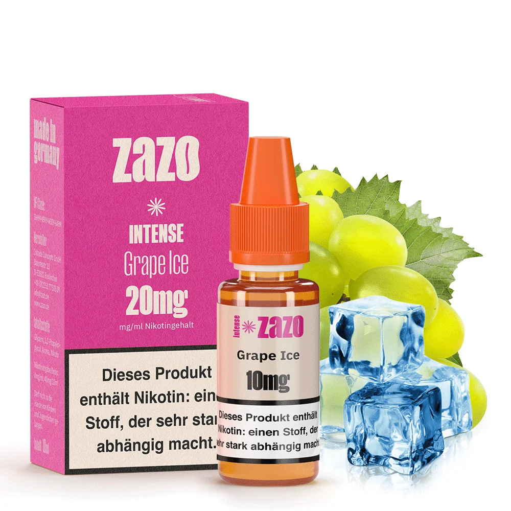 ZAZO Intense Grape Ice Nikotinsalz-Liquid 10ml, 20mg, pink-grüne Verpackung mit Weintrauben und Eiswürfeln