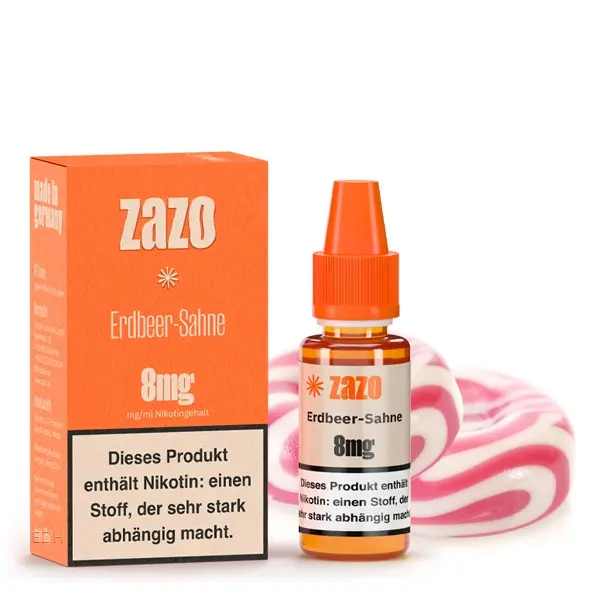 source978193.jpg ZAZO Classics Erdbeer-Sahne 10ml Liquid 8mg – orangefarbene Verpackung mit Flasche und Erdbeer-Bonbon