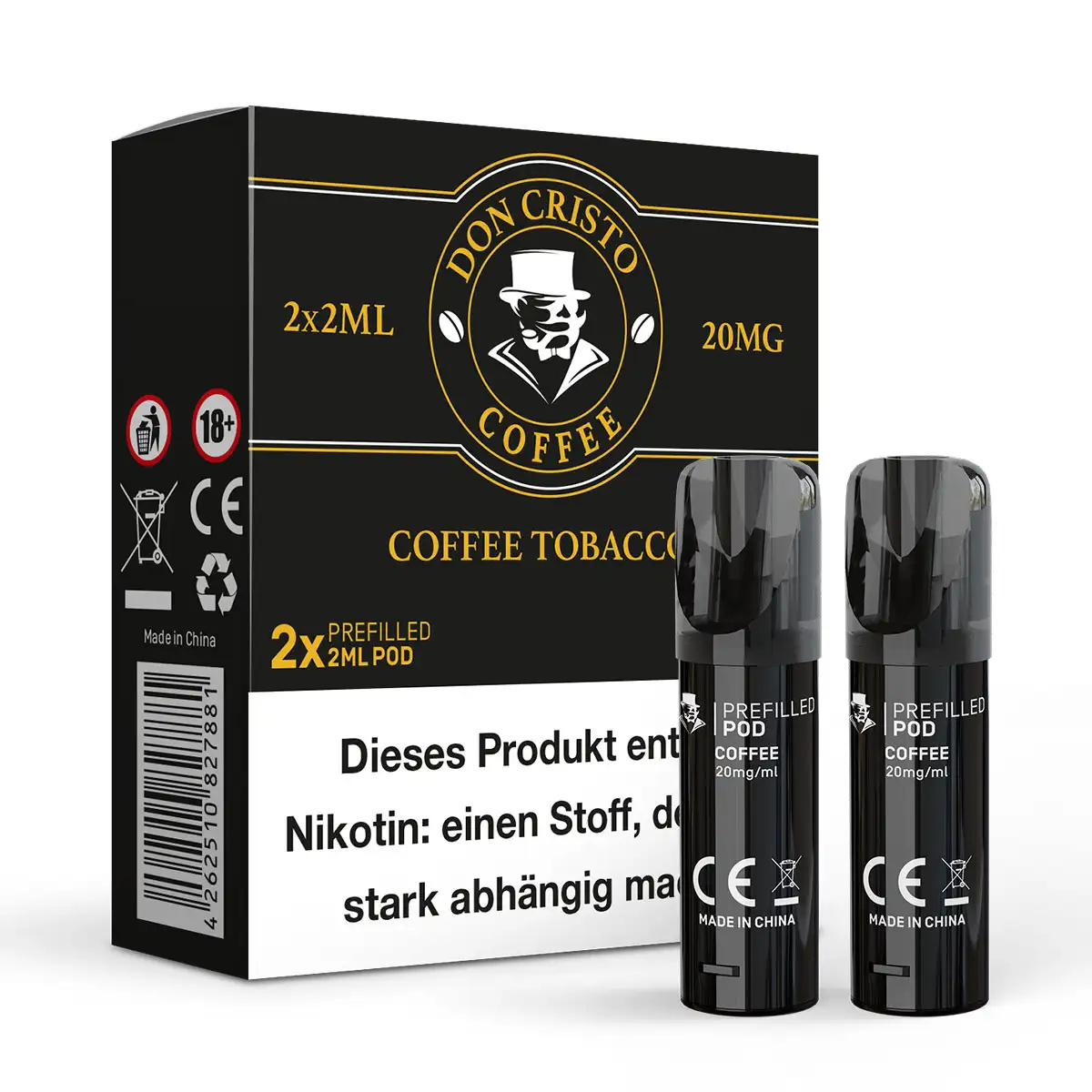 Don Cristo Coffee Prefilled Pod 2x2ml in schwarzer Verpackung mit zwei schwarzen Pods