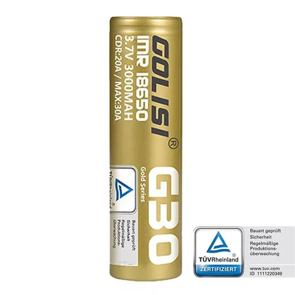 Golisi G30 18650 Akku 20A 3000mAh – goldene Zelle, Seitenansicht mit TÜV-Prüfzeichen