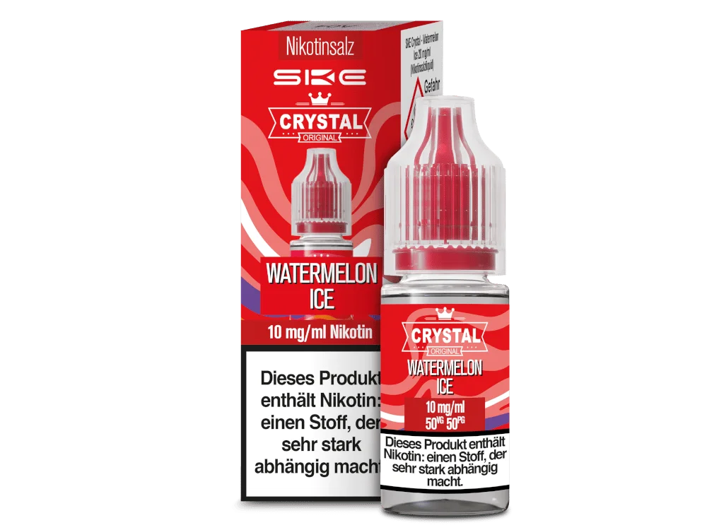 ske_crystal_nicsalt_watermelon-ice_10mg_1000x750.png SKE Crystal Watermelon Ice 10ml Nikotinsalz-Liquid, rote Flasche mit roter Verpackung, 10 mg Nikotin