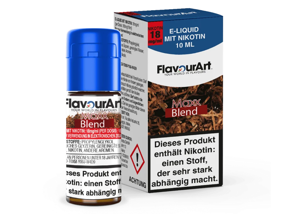 Flavourart Maxx Blend 10ml Liquid – Flasche und Box mit warmer Tabak-Grafik in Brauntönen