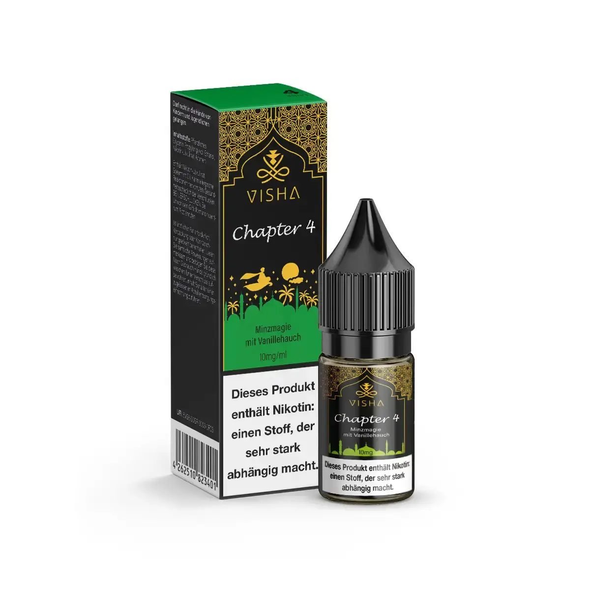 visha-chapter-4-nikotinsalz-10ml-10mg-ml-steuerware.png Visha Chapter 4 Nikotinsalz-Liquid 10ml – Flasche mit grün-goldener Verpackung neben der Box