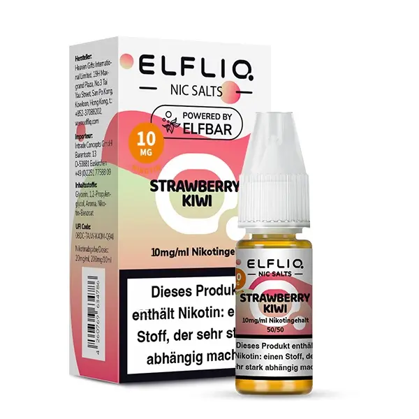 Elfbar Elfliq Strawberry Kiwi 10ml Nikotinsalz-Liquid 10mg Nikotin, Flasche mit Karton-Verpackung